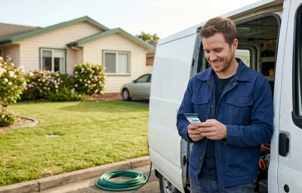 A plumber smiles at a new job booked by his website chatbot