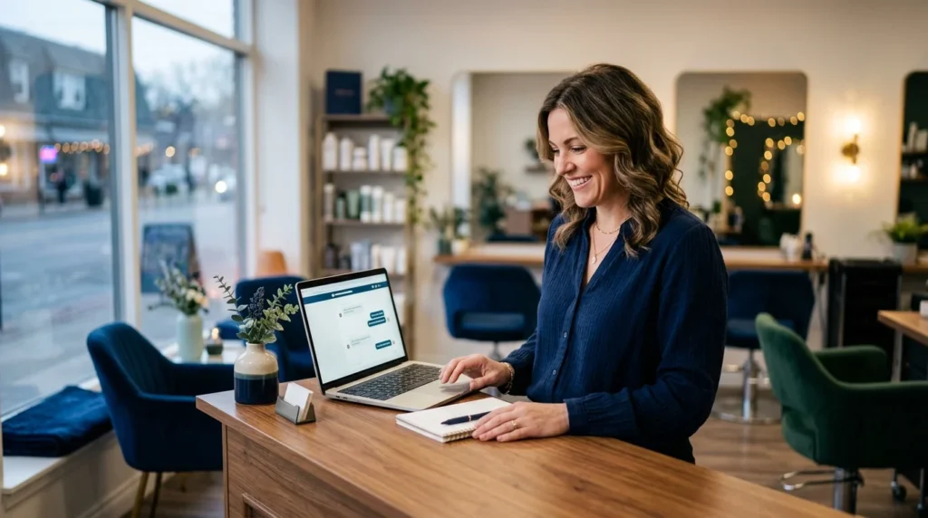 AI chatbot for small business: a salon owner checks website chat bookings on her laptop