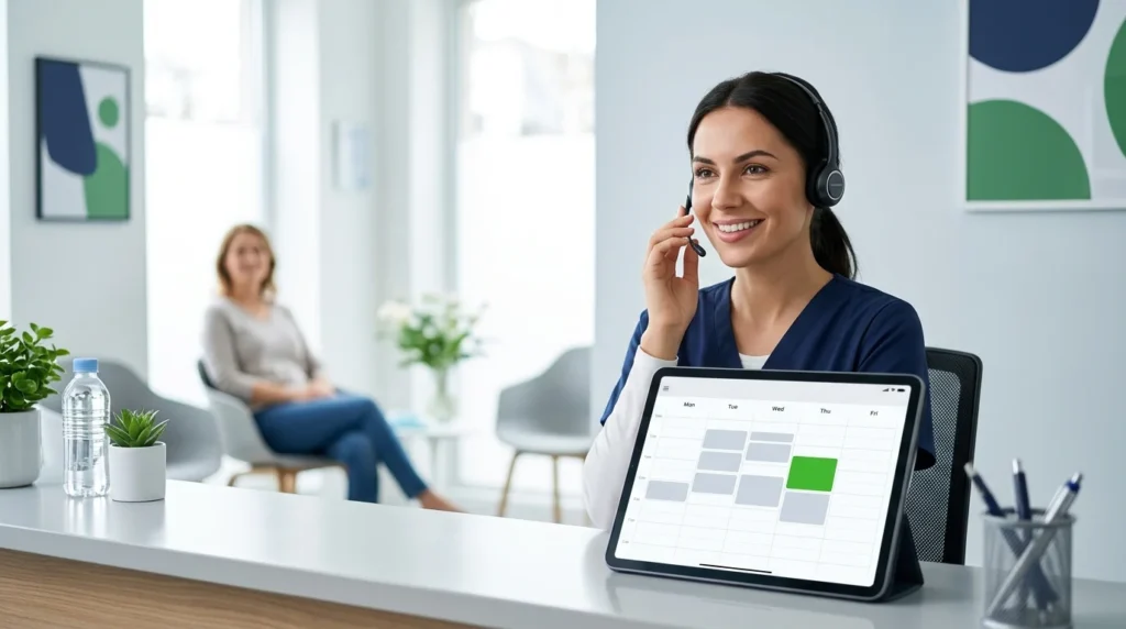 Dental clinic receptionist on a headset booking a new patient appointment