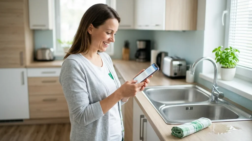 Homeowner with a leaking sink reading a fast reply from a plumber