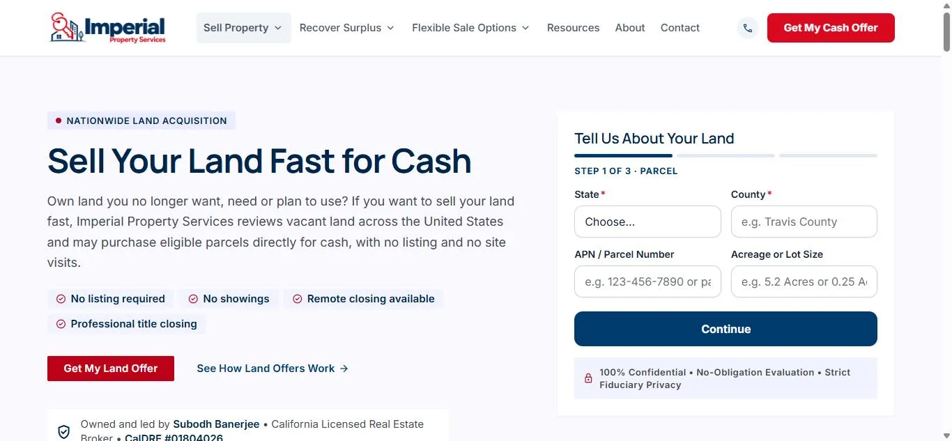 Sell your land fast page with a 3-step land offer form on the Imperial Property Services website