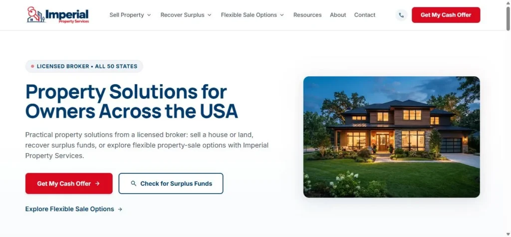 Real estate investor website for Imperial Property Services, home page with cash offer button
