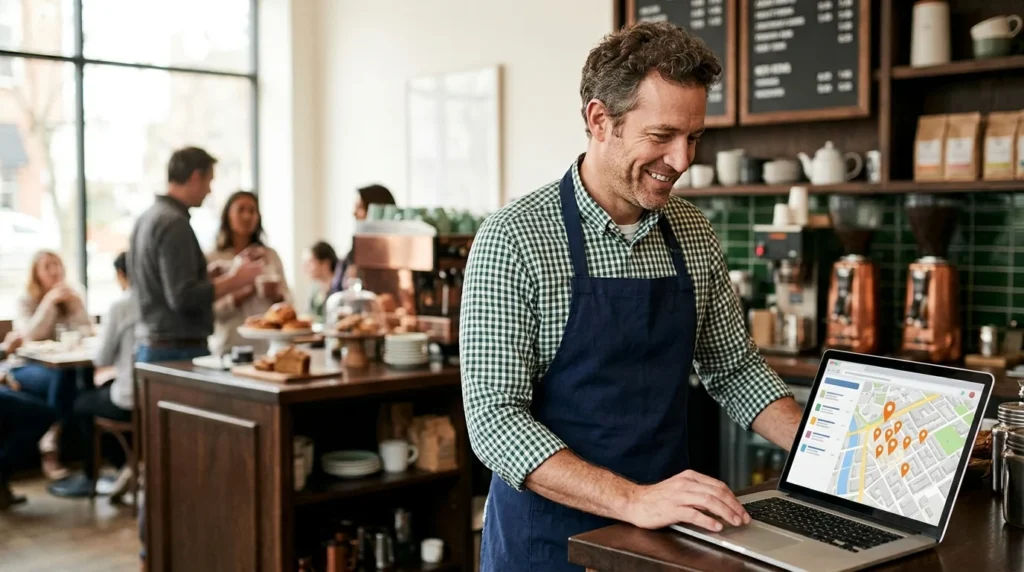 SEO services for small business: a cafe owner checks his Google Maps listing on a laptop