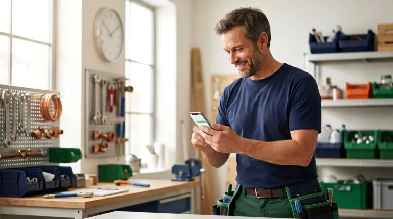 Speed to lead - plumber replying to a new customer enquiry on his phone