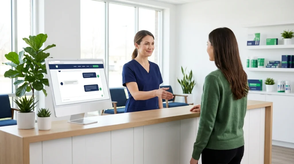 Dental receptionist greets a patient while the website chatbot handles online enquiries
